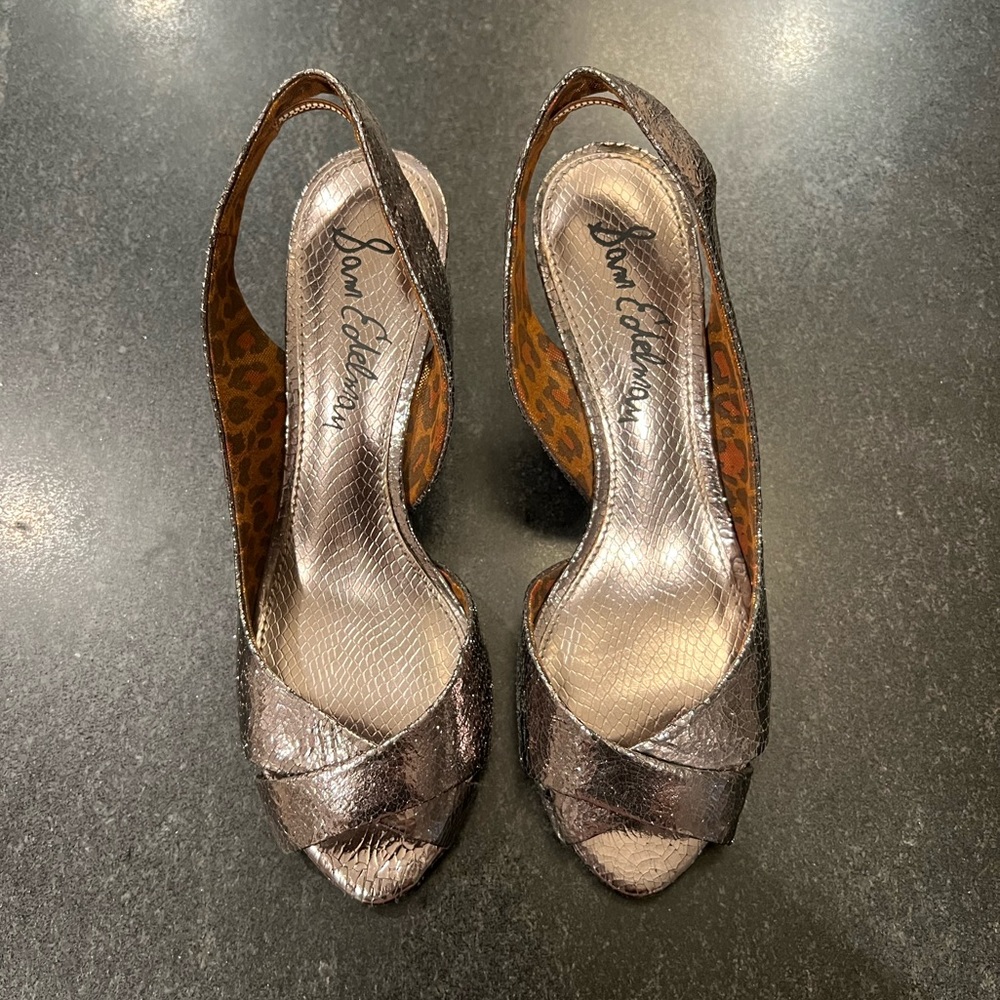 Metallic Grey Leather Sam Edelman Kitten Heels 9.5